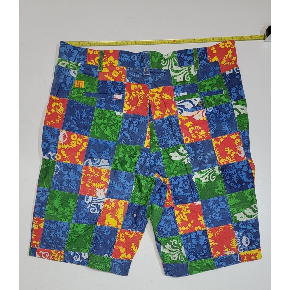Loudmouth Madras Golf Shorts Sz 38 Floral Patch Work Checkered Cotton Flat Front